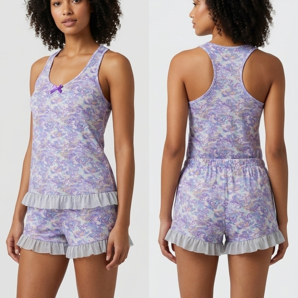 Emme Jordan Lavender Paisley Ruffle Tank & Shorts Pajama Set Women S